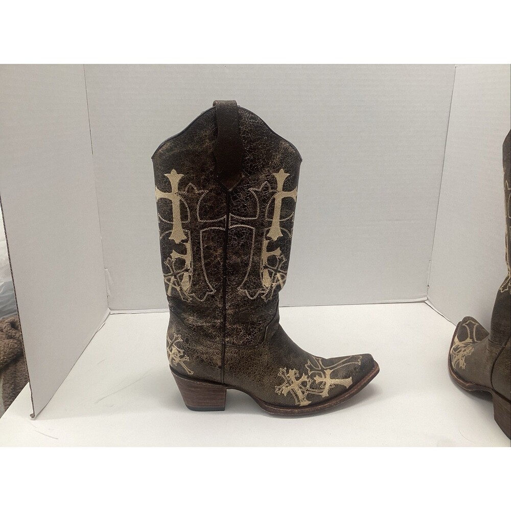 circle g women boots 8.5 brown leather embroidered cross snip toe cowgirl/cowboy - Picture 5 of 12
